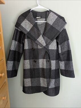 Women's Black & Gray Plaid Double-Breasted Coat